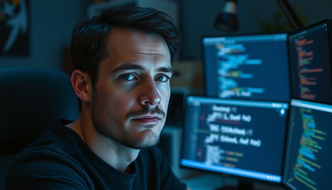 AI coding assistants — developer working at night with multiple screens