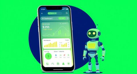 AI tools for personal finance shown on smartphone dashboard with robot assistant in 2026