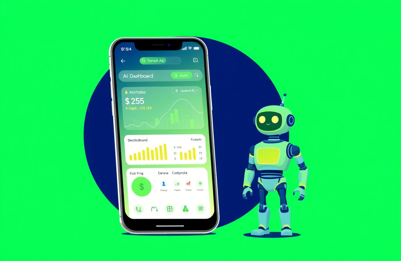 AI tools for personal finance shown on smartphone dashboard with robot assistant in 2026
