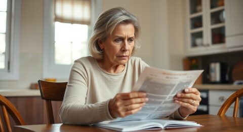 savings account hack — woman reviewing bank statement at kitchen table