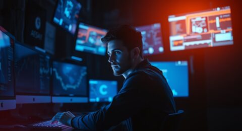 The person tracking AI news this week at a glowing multi-screen workstation