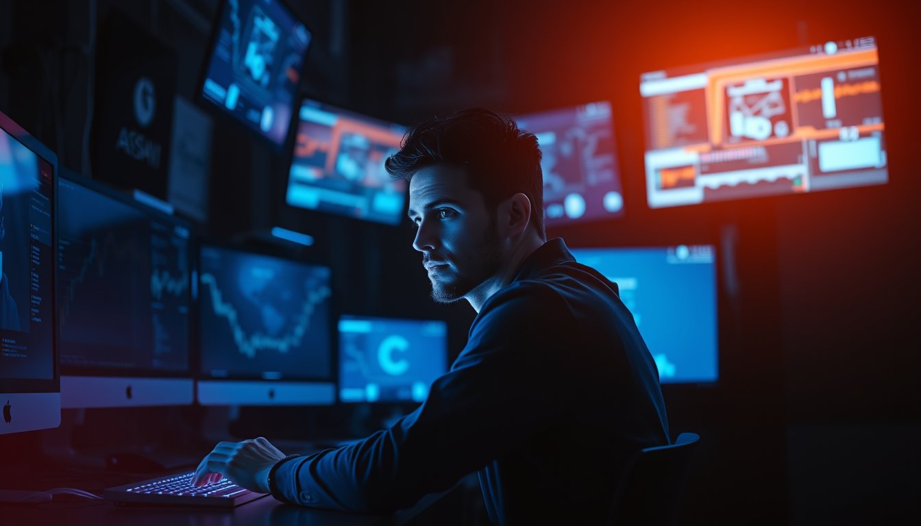 The person tracking AI news this week at a glowing multi-screen workstation